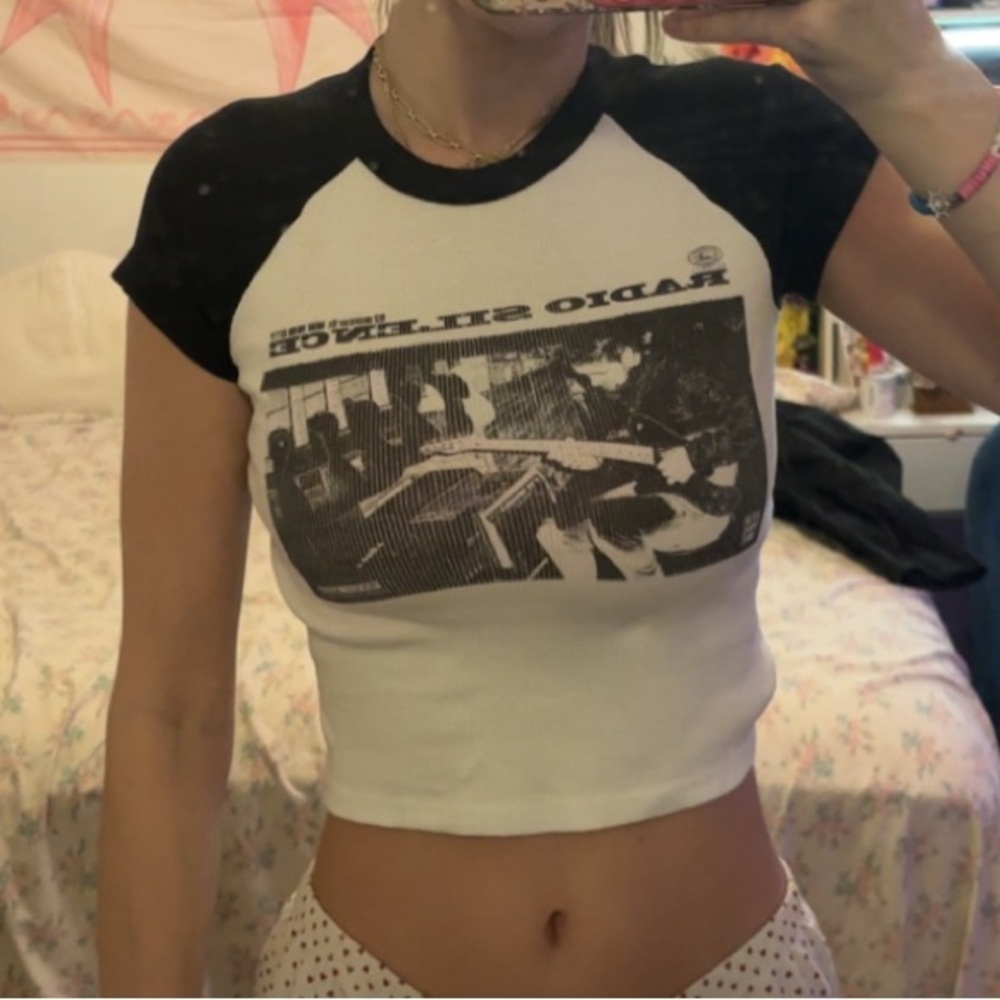 Brandy Melville Black and White Radio Silence Baby Tee